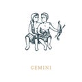 Gemini zodiac symbol, hand drawn in engraving style. Vector graphic retro illustration of astrological sign Twins . Royalty Free Stock Photo