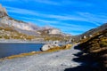 Hiking on the Gemmipass, with view of the Daubensee, Switzerland/Leukerbad