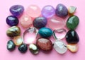 Gems of various colors. Amethyst, rose quartz, agate, apatite, aventurine, olivine, turquoise, aquamarine and rock crystal on