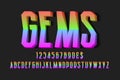 Gems volumetric prismatic iridescent alphabet with numbers and currency signs. 3d display font