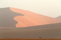 Gemsbok, Oryx gazella, with big orange dune with blue sky and clouds, Sossusvlei, Namib desert, Namibia, Southern Africa. Red sand