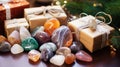 Gemstone Healing Crystal Christmas Gifts. Many Healing Crystals and gift box with Christmas decor. Authentic Gemstones and Royalty Free Stock Photo