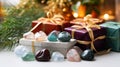 Gemstone Healing Crystal Christmas Gifts. Many Healing Crystals and gift box with Christmas decor. Authentic Gemstones and Royalty Free Stock Photo