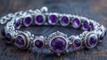 gemstone jewelry, silver charm bracelet adorned with beautiful amethyst gemstones, exuding elegance and expert artistry