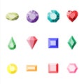 Gemstones colorful set. Vector heart gems illustration. Ruby, crystal, diamond, brilliant, emerald. Cartoon jewels isolated
