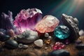 Gemstones crystal minerals on mysterious nature background. AI generation