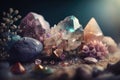 Gemstones crystal minerals on mysterious nature background. AI generation