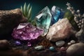 Gemstones crystal minerals on mysterious nature background. AI generation