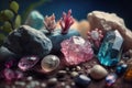 Gemstones crystal minerals on mysterious nature background. AI generation