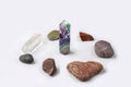 Gemstones fluorite, quartz crystal and various stone. Magic rock for mystic ritual, witchcraft and spiritual practice. Natural