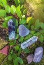 Gemstones fluorite, quartz crystal and various stones. Magic rock for mystic ritual, witchcraft Wiccan and spiritual healing on Royalty Free Stock Photo