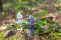 Gemstones fluorite, quartz crystal and various stones. Magic rock for mystic ritual, witchcraft Wiccan and spiritual healing on Royalty Free Stock Photo