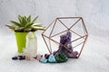 Gemstones minerals and home plant for relaxsation and meditation. Magic rock crystals. Home decoration. Life balance.