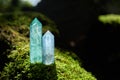 Gemstones minerals on mysterious nature background. Magic Rock for Crystal Ritual, healing spiritual practice.
