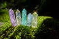 Gemstones minerals on mysterious nature background. Magic Rock for Crystal Ritual, healing spiritual practice.