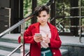 Gen z, social media, influencer, technology, youth millennial people concept. Young brunette girl with short hair using Royalty Free Stock Photo