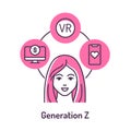 Genaration Z color line icon on pink background. Lifestyle: Remote work, startup, online dating, virtual reality