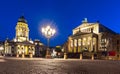 Gendarmenmarkt square with Concert Hall Konzerthaus and New Church Deutscher Dom or Neue Kirche at night, Berlin, Germany