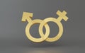 Gender. Abstract Male and Female 3d symbol sign, Man and Woman golden icon on gray background for graphic and web design Royalty Free Stock Photo