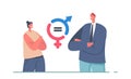 Gender Balance and Equality Concept. Businessman and Businesswoman Characters Stand at Equal Rights Symbol, Tolerance