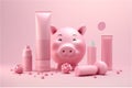 Gender-based marketing and the pink tax. pink colored cosmetic products and piggy bank