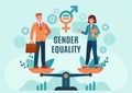 Gender business equality. Employee woman and man standing on balanced scales. Fair job opportunity and salary. Equal rights vector