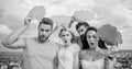 Gender equality and communication. People speak using speech bubbles. Friends send messages on comic bubbles. Group Royalty Free Stock Photo