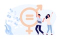 Gender equality concept. Happy female and male flat vector characters, money and gender sign. Gender wage equality