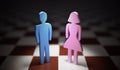 Gender equality concept. Man and woman standing on chess board. 3D rendered illustration.