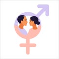 Gender equality concept. Men and women character on the scales for gender equality. Vector illustration. Flat