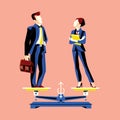 Gender equality concept with woman and man on equal height scales.