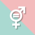 Gender equality. 3D white equity parity men and women sign, isolated on green and pink pastel background. Rights gender equality.