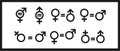 Gender equality icon. Equity parity men and women logo. Collection of black icons isolated on white background. Rights gender.