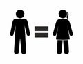 Gender equality icon, vector illustration of man and woman, equal sign between them, stick man isolated pictograms Royalty Free Stock Photo