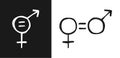 Gender equality icon.White, black of male and female symbols, with an equal sign hand drawn isolated on black, white background. Royalty Free Stock Photo
