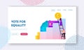 Gender Equality Landing Page Template. Tiny Male and Female Characters Climbing Career Ladder with Money on Top