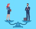 Gender equality. Man and woman in business suits standing on scales in balance, equal rights and pay, salary and