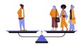 Gender equality with people on weight scale, flat vector illustration isolated.