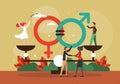 Gender equality. Woman man standing on balance scales on the same height, vector illustration. Equal rights, salary, job