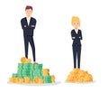 Gender gap and inequality in salary, pay vector concept. Businessman and businesswoman on piles of coins.