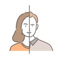 Gender Identity vector cartoon outline illustration. Half woman and half man face portrait. Gender differences. Royalty Free Stock Photo