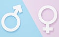 Gender. Male and Female 3d symbol sign, Man and Woman white icon on blue Royalty Free Stock Photo