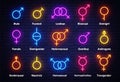 Gender neon icons set. Sexual orientation concept, collection light signs. Sign boards, light banner. Neon isolated icon