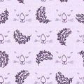 Gender neutral sleepy cartoon cat seamless raster background. Simple whimsical 2 tone pattern. Kids purple nursery