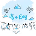 Gender party, baby birthday card with doodle style decorations, it is a boy Royalty Free Stock Photo