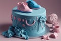 Gender party, baby shower. Boy or girl cake, blue and pink cake, balloons and gifts. generative ai Royalty Free Stock Photo