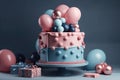 Gender party, baby shower. Boy or girl cake, blue and pink cake, balloons and gifts. generative ai Royalty Free Stock Photo