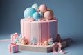 Gender party, baby shower. Boy or girl cake, blue and pink cake, balloons and gifts. generative ai
