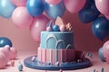 Gender party, baby shower. Boy or girl cake, blue and pink cake, balloons and gifts. generative ai Royalty Free Stock Photo