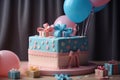 Gender party, baby shower. Boy or girl cake, blue and pink cake, balloons and gifts. generative ai Royalty Free Stock Photo